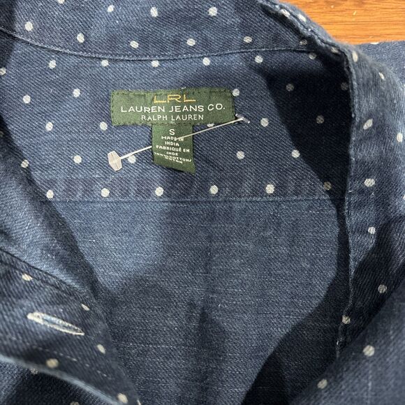LRL Lauren Jeans Tunic Shirt Women S Sleeveless Polka Dot Denim Button Chambray - Picture 13 of 16